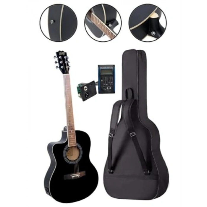 Profesyonel Siyah Elektro Akustik Gitar Seti 4/4