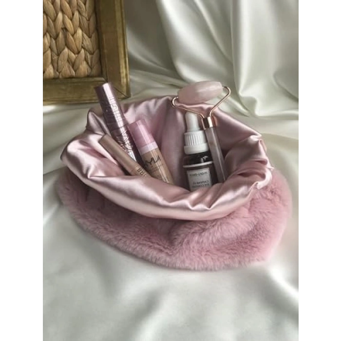 Pudra Pembe Peluş Makyaj Çantası