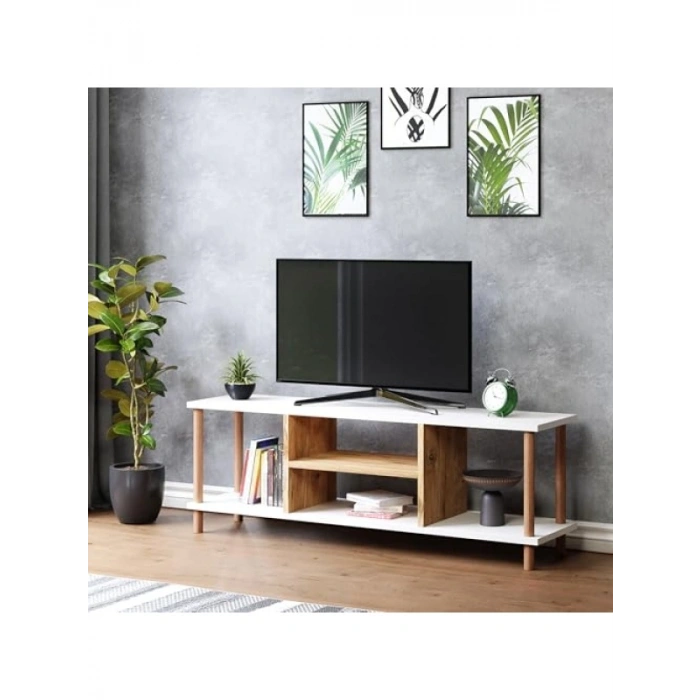 Raflı Ahşap Ayaklı Beyaz TV Sehpası