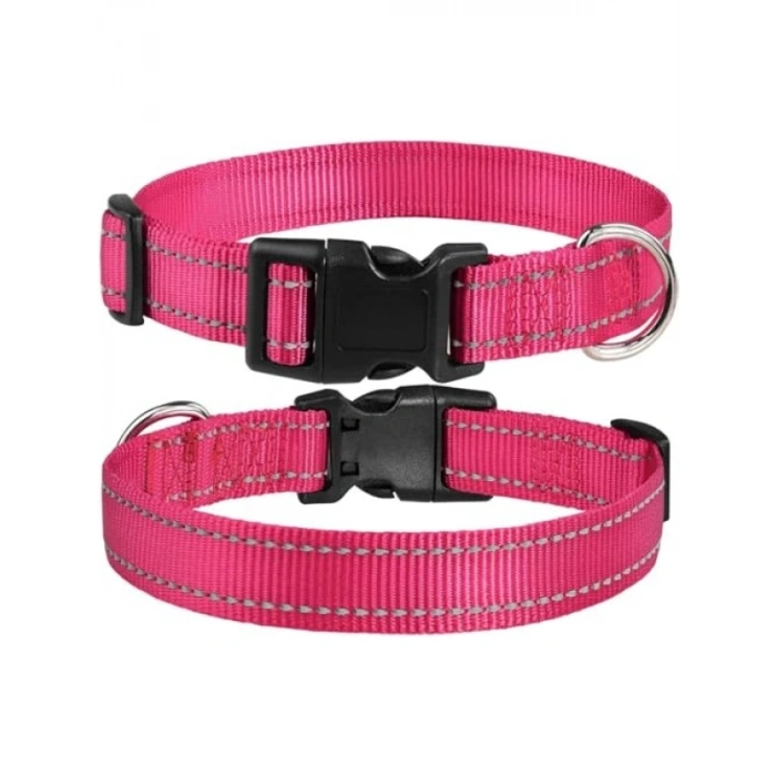 Reflektif Yumuşak Neopren Dolgulu Köpek Tasma - Ayarlanabilir, Rahat Kullanım (Pembe, L)