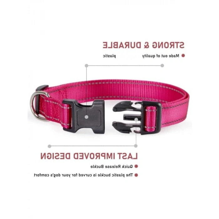 Reflektif Yumuşak Neopren Dolgulu Köpek Tasma - Ayarlanabilir, Rahat Kullanım (Pembe, L)