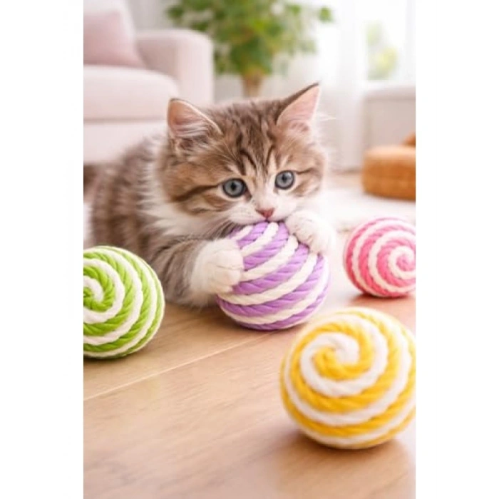 Renkli İpli Kedi Oyuncağı Seti, 2 Adet 4 cm Top
