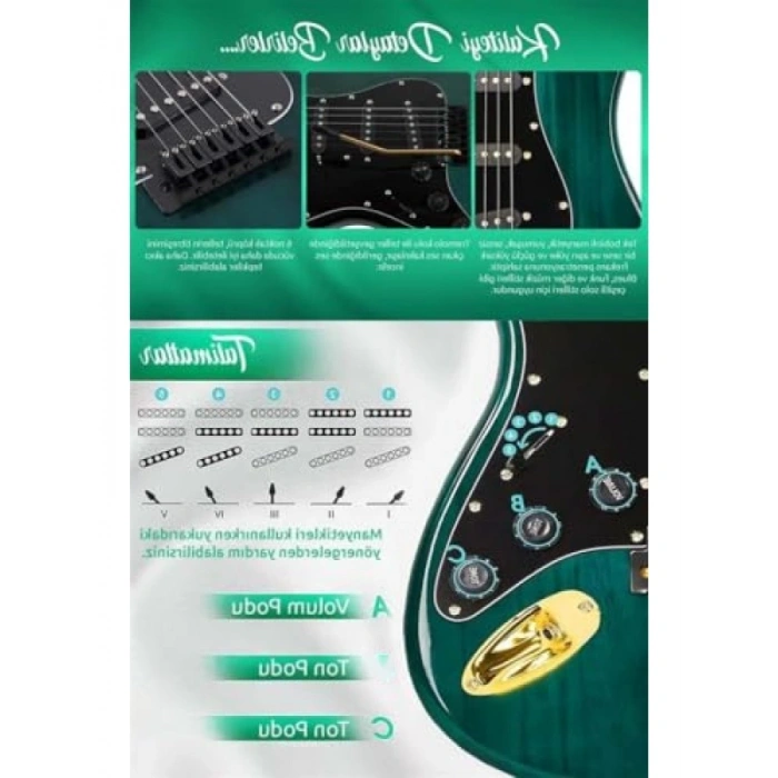 Şarjlı 25W Elektro Gitar Seti, Kulaklık ve Amfi ile Tam Set