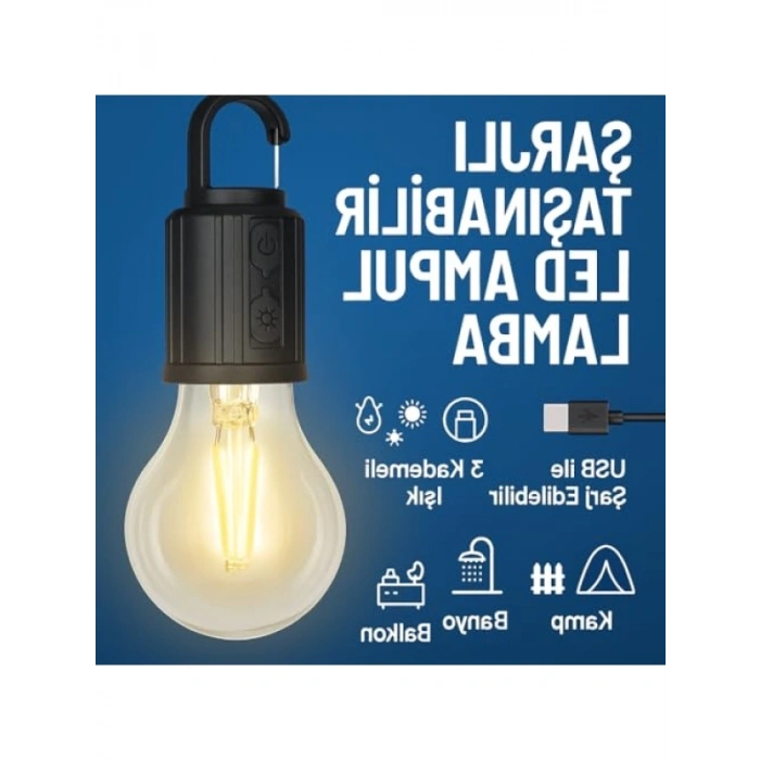 Şarjlı LED Ampul Lamba - Taşınabilir, 3 Kademeli Işık, USB ile Şarj Edilebilir