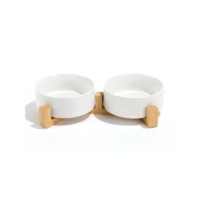 Seramik Mama Kabı ve Bamboo Stand Seti (2x850ml, Beyaz)