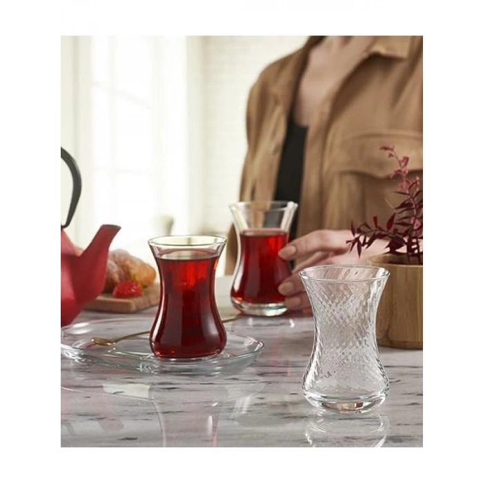 Şık Helezonlu Cam İnce Belli Çay Bardak Seti, 6lı, 125 cc