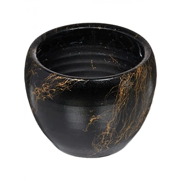 Şık Siyah-Gold Mermer Efektli 16 cm İkili Toprak Saksı Seti