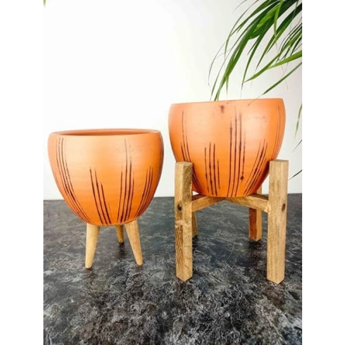 Siyah Çizgi Desenli 15 Cm İkili Set Terrakota Saksı