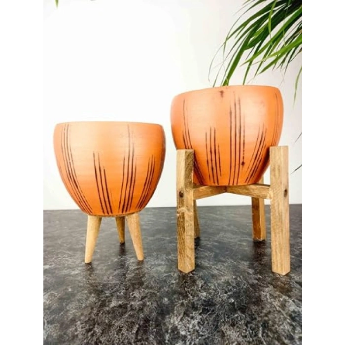 Siyah Çizgi Desenli 15 Cm İkili Set Terrakota Saksı