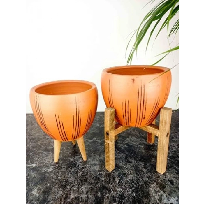 Siyah Çizgi Desenli 15 Cm İkili Set Terrakota Saksı