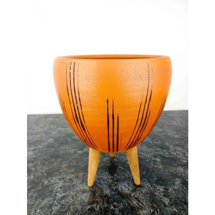 Siyah Çizgi Desenli 15 cm Terrakota Saksı - 3 Ayaklı
