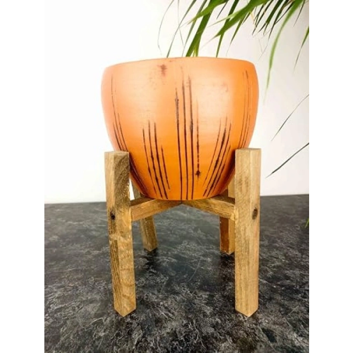Siyah Çizgi Desenli 15 cm Terrakota Saksı - 3 Ayaklı