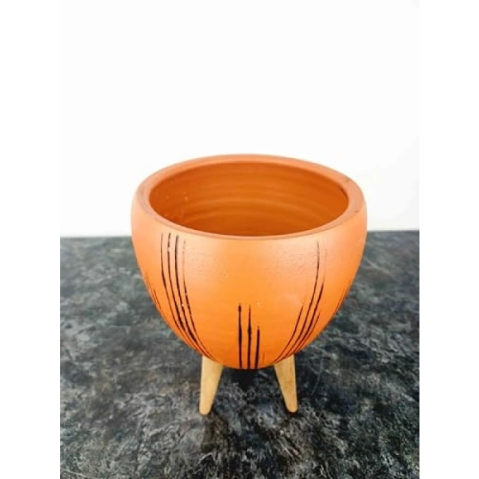 Siyah Çizgi Desenli 15 cm Terrakota Saksı - 3 Ayaklı