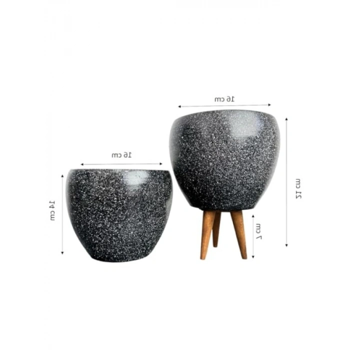 Siyah Granit Tasarımlı Deliksiz Saksı Seti - 15 Cm