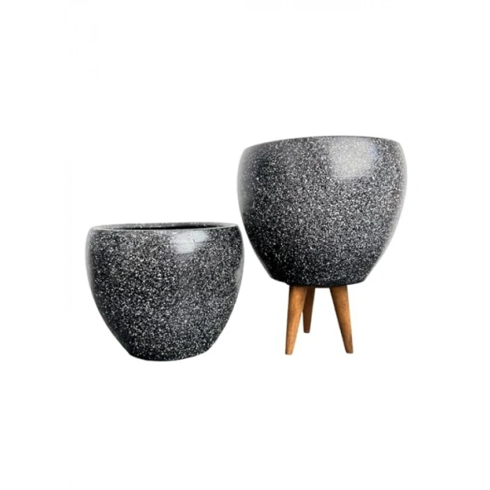 Siyah Granit Tasarımlı Deliksiz Saksı Seti - 15 Cm
