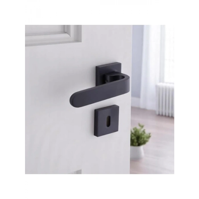 Siyah Kare Rozetli İç Dış Kapı Kolu - Sağa Sola Uygun, Kilitlenebilir