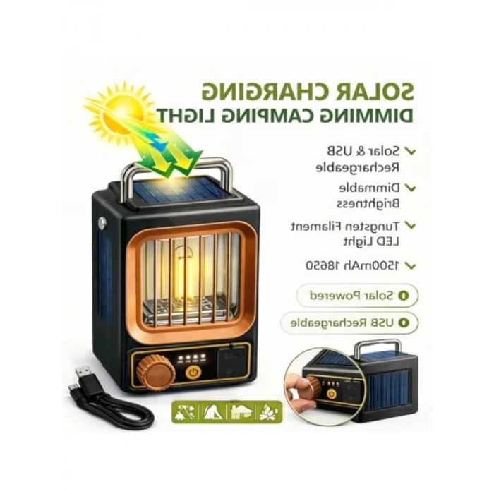 Solar ve USB Şarjlı Dimmer Ayarlı Kamp Lambası - Taşınabilir, Metal Kolu ile