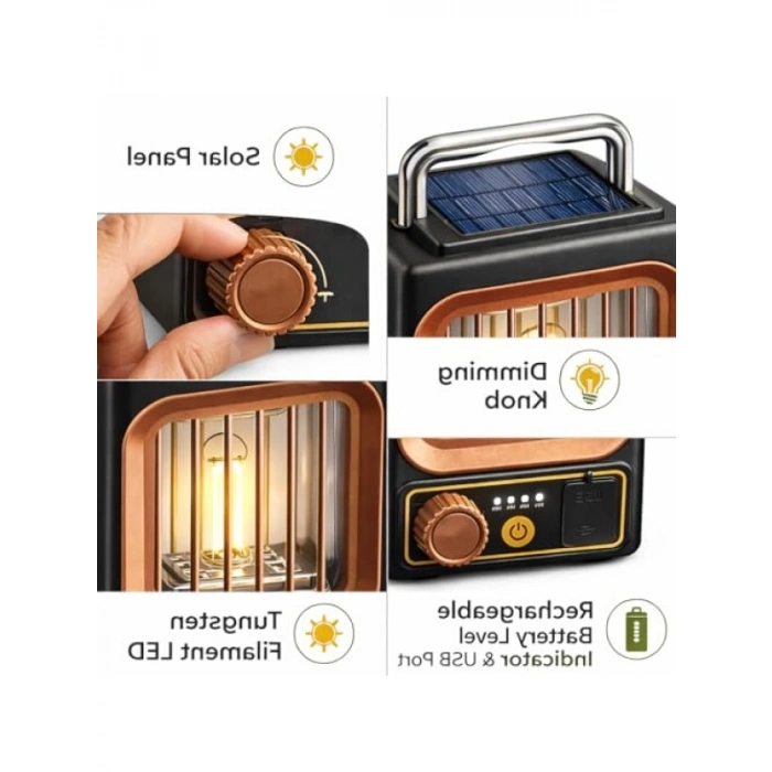 Solar ve USB Şarjlı Dimmer Ayarlı Kamp Lambası - Taşınabilir, Metal Kolu ile
