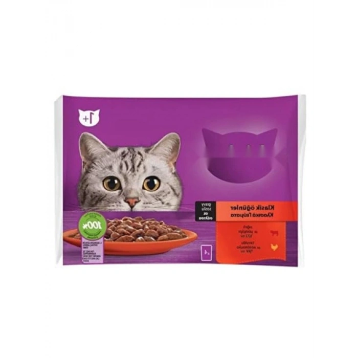 Sos İçinde Sığırlı ve Tavuklu Yetişkin Kedi Konservesi, 4 Adet 85 Gr