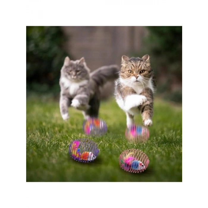 Spiral Tel Top & Peluş Fareli Kedi Oyuncağı - Zıplayan Eğlence
