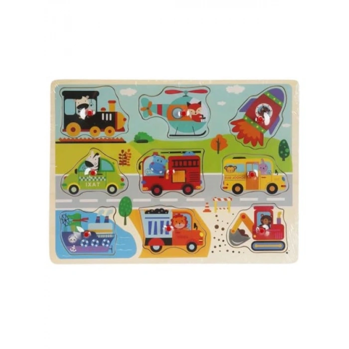 Tahta Raptiyeli Bultak Puzzle ile Kara/Hava/Deniz Araçları, 9 Parça Eğitici Oyun