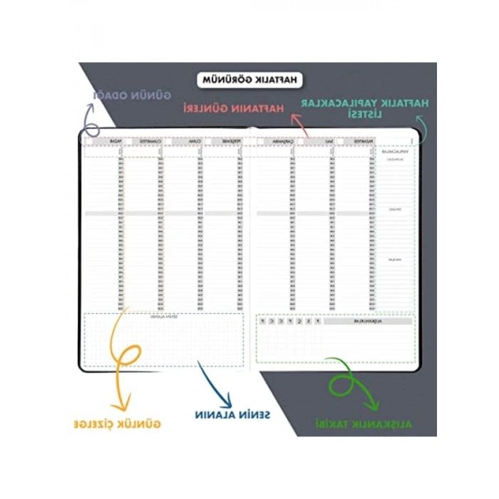 Tarihsiz Haftalık Planlayıcı, Deri Kapak, Siyah, Yüksek Kaliteli Kağıt