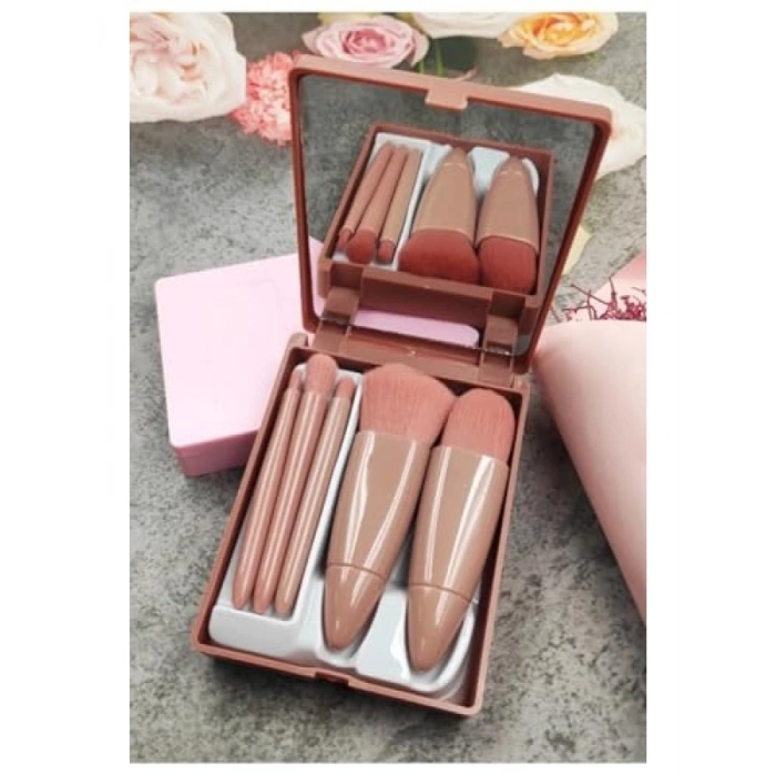 Taşınabilir 5 Parçalı Aynalı Profesyonel Makyaj Fırça Seti - Mini 10.5cm Bakır Renk
