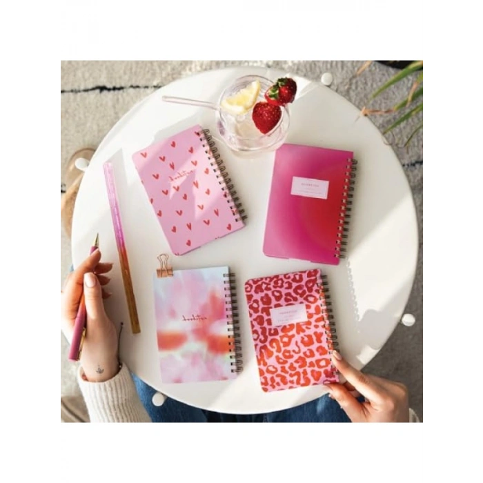 Taşınabilir 9x14 cm Sert Kapak Spiralli Çizgili Not Defteri Seti - 4lü Pembe