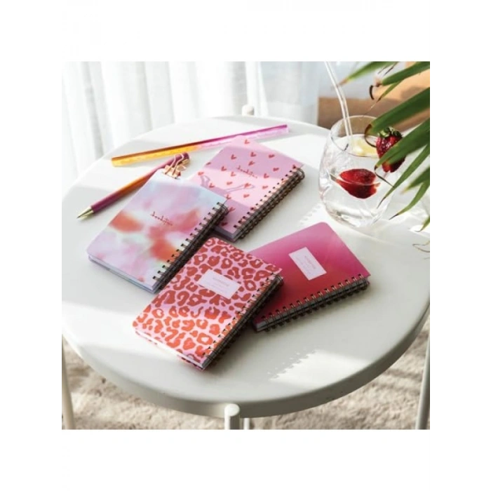 Taşınabilir 9x14 cm Sert Kapak Spiralli Çizgili Not Defteri Seti - 4lü Pembe