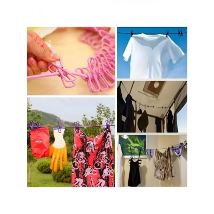 Taşınabilir Seyahat Çamaşır İpi, 12 Mandallı, Klipsli