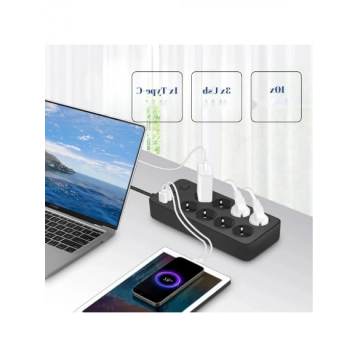 Termal Akım Korumalı 10lu Priz Soketi - 2 Metre Uzatma Kablosu, USB Çıkışlı