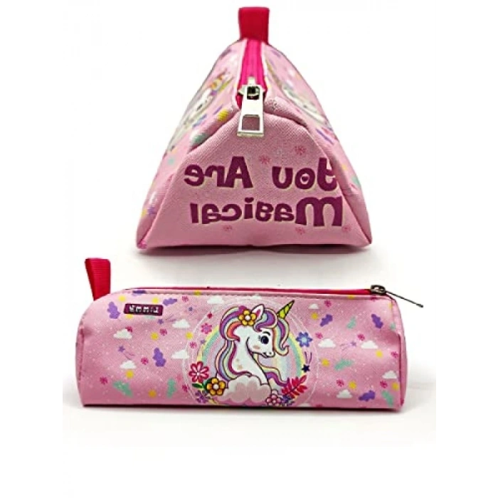 Üçgen Vegan Deri Kalem Kutusu - Bahar Temalı Unicorn Deseni
