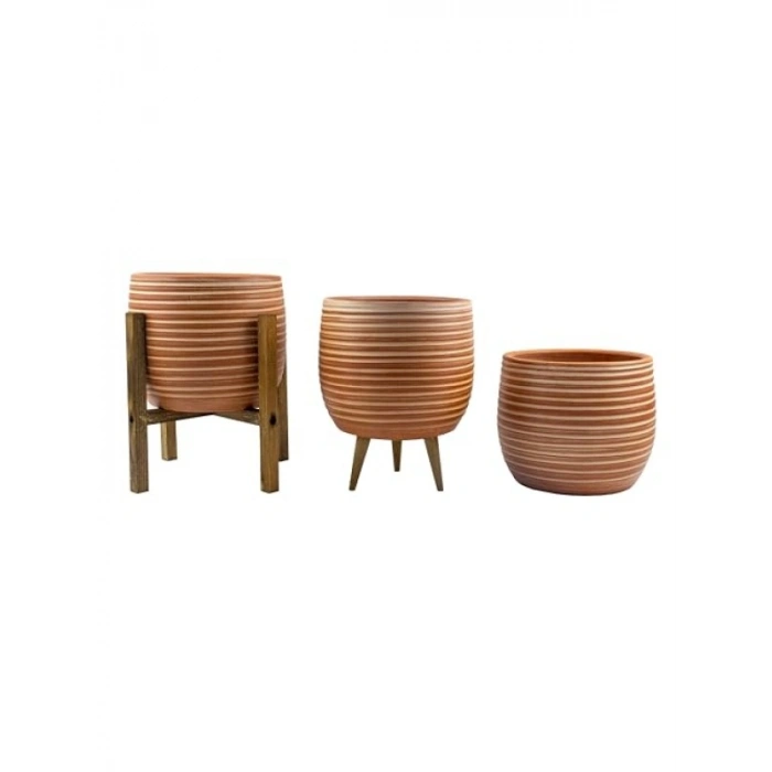 Üçlü Set Yan Çizgi Desenli 19 CM Toprak Saksı - Salon Bitkileri için