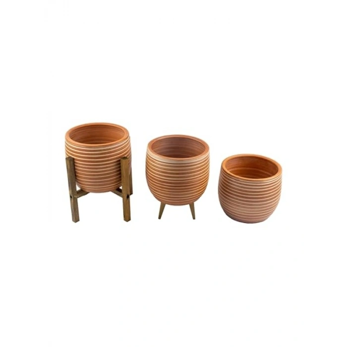 Üçlü Set Yan Çizgi Desenli 19 CM Toprak Saksı - Salon Bitkileri için