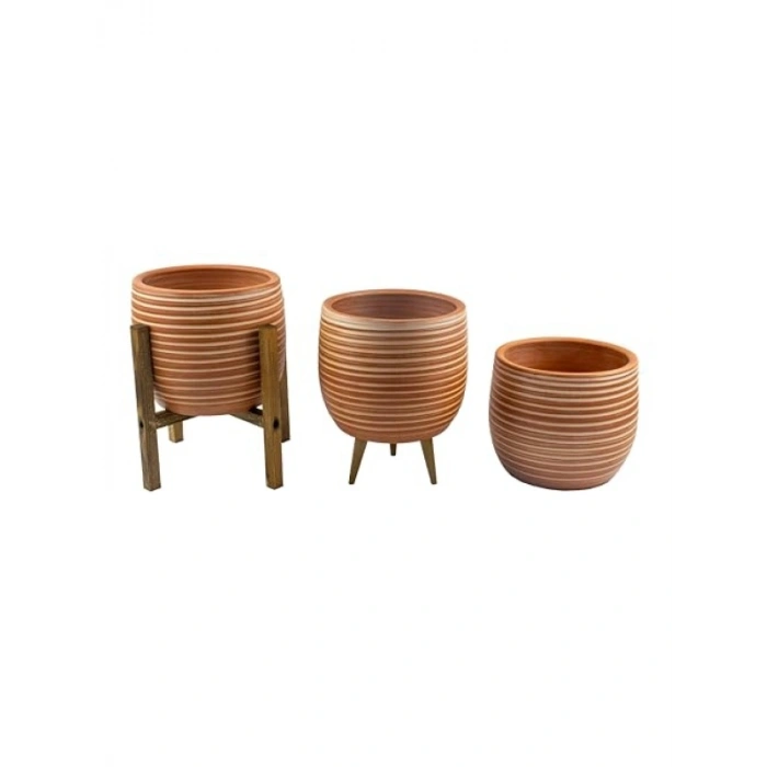 Üçlü Set Yan Çizgi Desenli 19 CM Toprak Saksı - Salon Bitkileri için