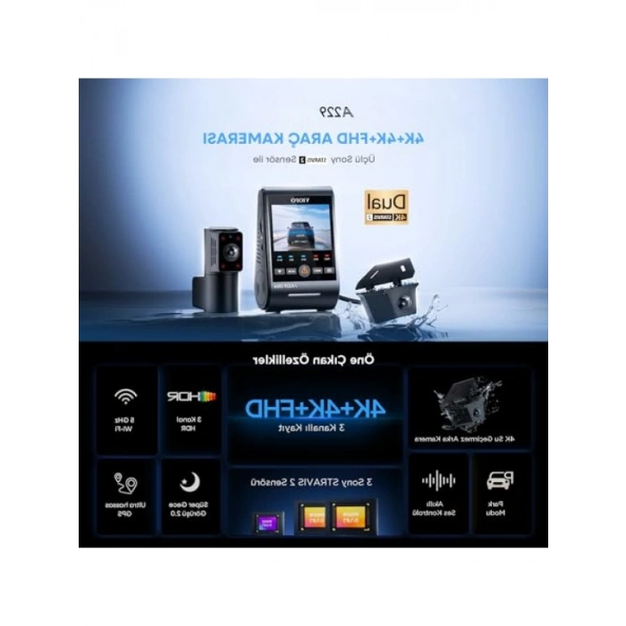Ultra HD 3 Kameralı Araç Kamerası - 4K Ön+Arka+İç