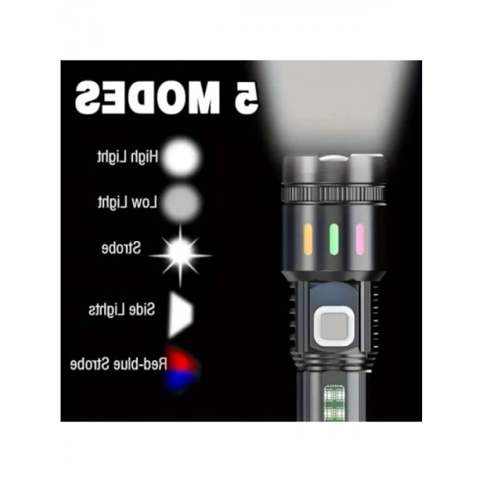 USB Şarjlı Ultra Güçlü LED El Feneri - 5 Modlu Aydınlatma