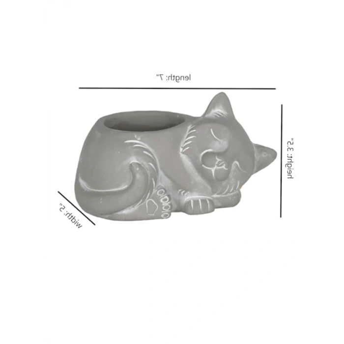 Uyuyan Kedi Şeklinde Drenaj Delikli Saksı - Doğal Gri, 17,8 cm