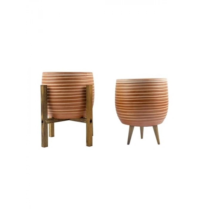 Yan Çizgi Desenli Terrakota Saksı - İkili Set