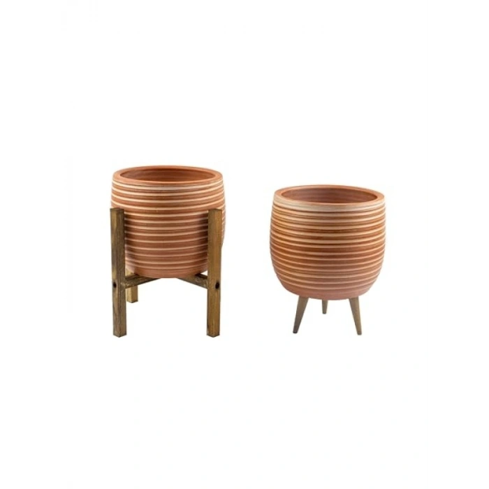 Yan Çizgi Desenli Terrakota Saksı - İkili Set