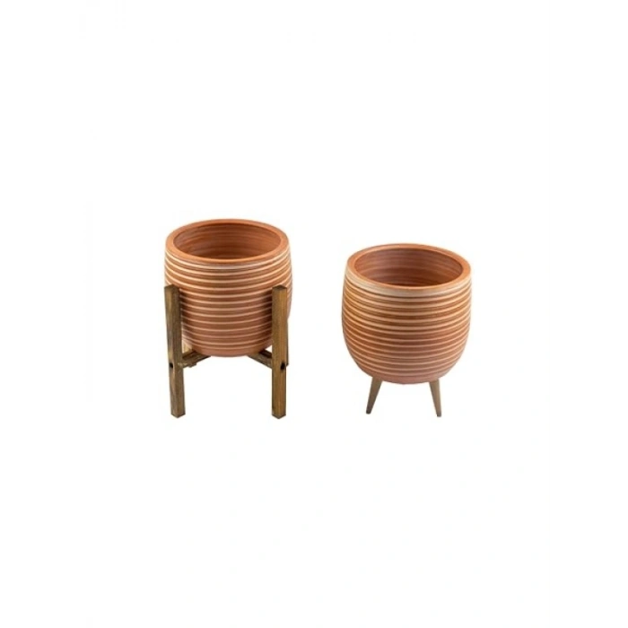 Yan Çizgi Desenli Terrakota Saksı - İkili Set