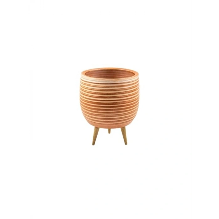 Yan Çizgi Desenli Toprak Saksı - 3 Ayaklı - 19 CM