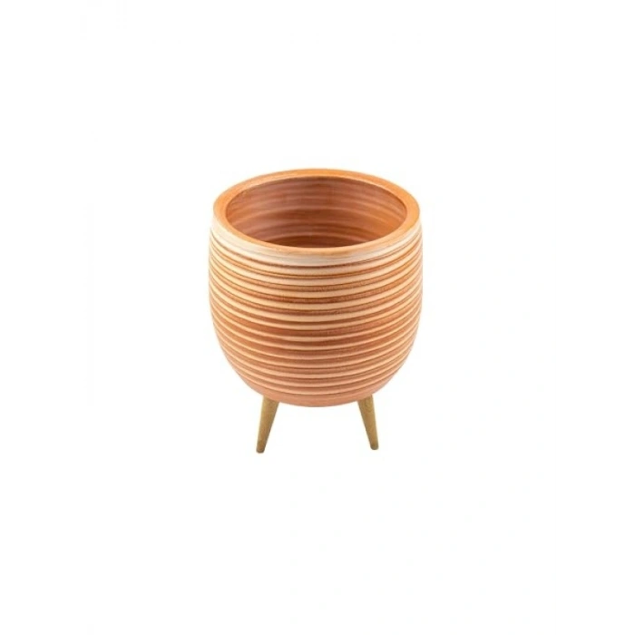 Yan Çizgi Desenli Toprak Saksı - 3 Ayaklı - 19 CM