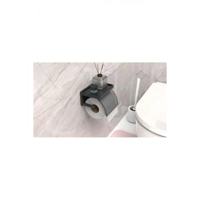Yapışkanlı Kapaklı Tuvalet Kağıdı Askısı, Siyah Plastik