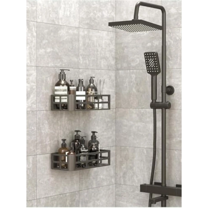 Yapışkanlı Montajlı 2li Plastik Duş ve Banyo Rafı