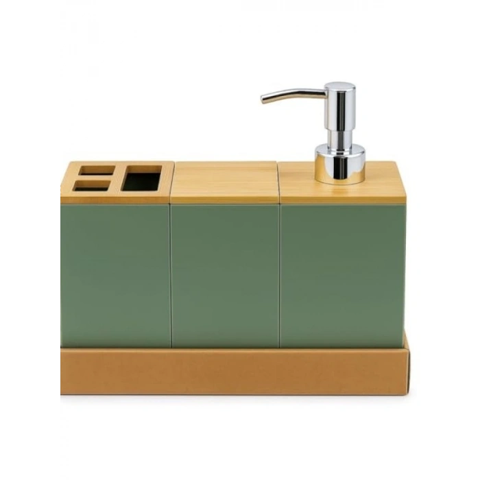Yeşil Banyo Seti - Bambu Kapaklı, 4 Parça