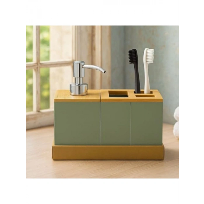 Yeşil Banyo Seti - Bambu Kapaklı, 4 Parça