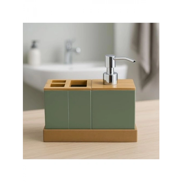 Yeşil Banyo Seti - Bambu Kapaklı, 4 Parça