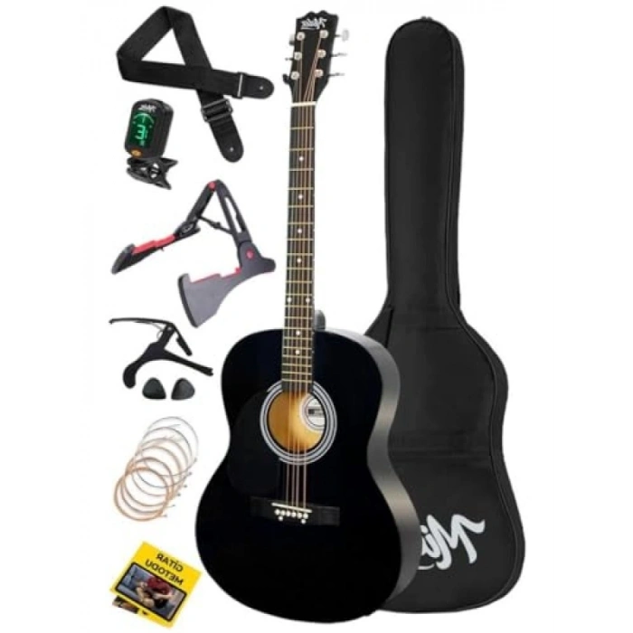 Yüksek Kaliteli 40 İnç Siyah Akustik Gitar Seti - 4/4 Yetişkin