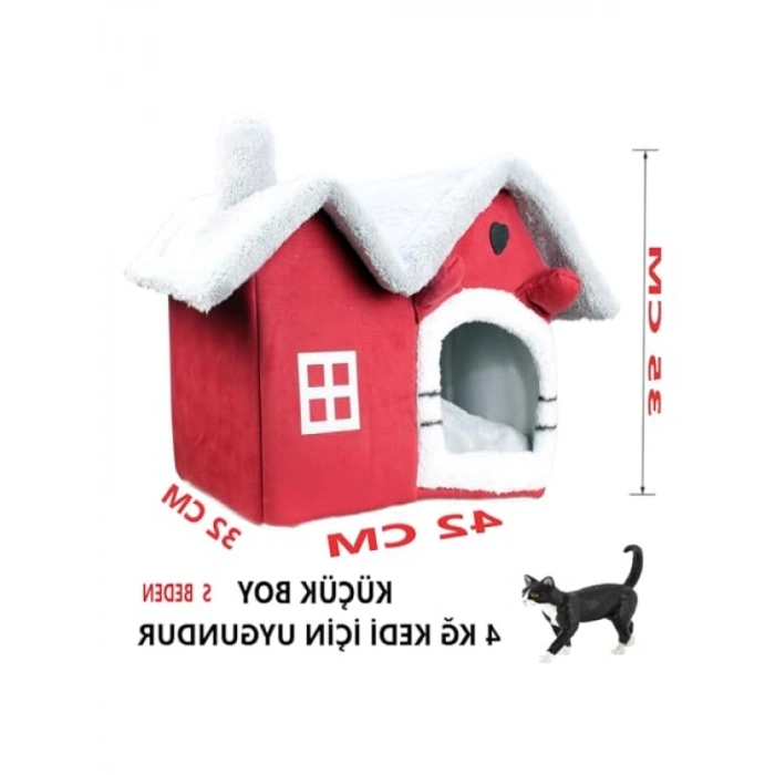 Yumuşak Kedi Yatağı ve Evi (Kırmızı, Küçük Boy)
